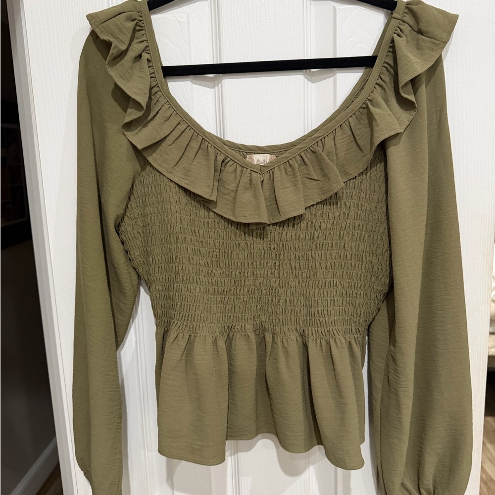 Altar'd State Olive  Ruffle Smocked Blouse